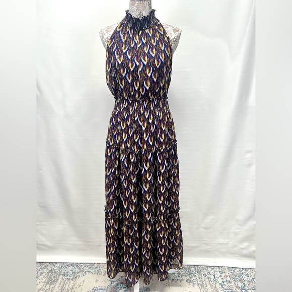 TAYLOR Navy/violet multi halter‎ neck chiffon tiered dress size 8. - Picture 3 of 14